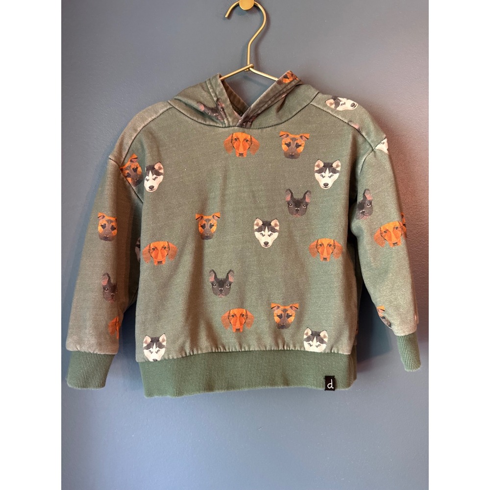 Deux Par Deux Kids Dog Print Hoodie Green Fleece Pullover Size 3